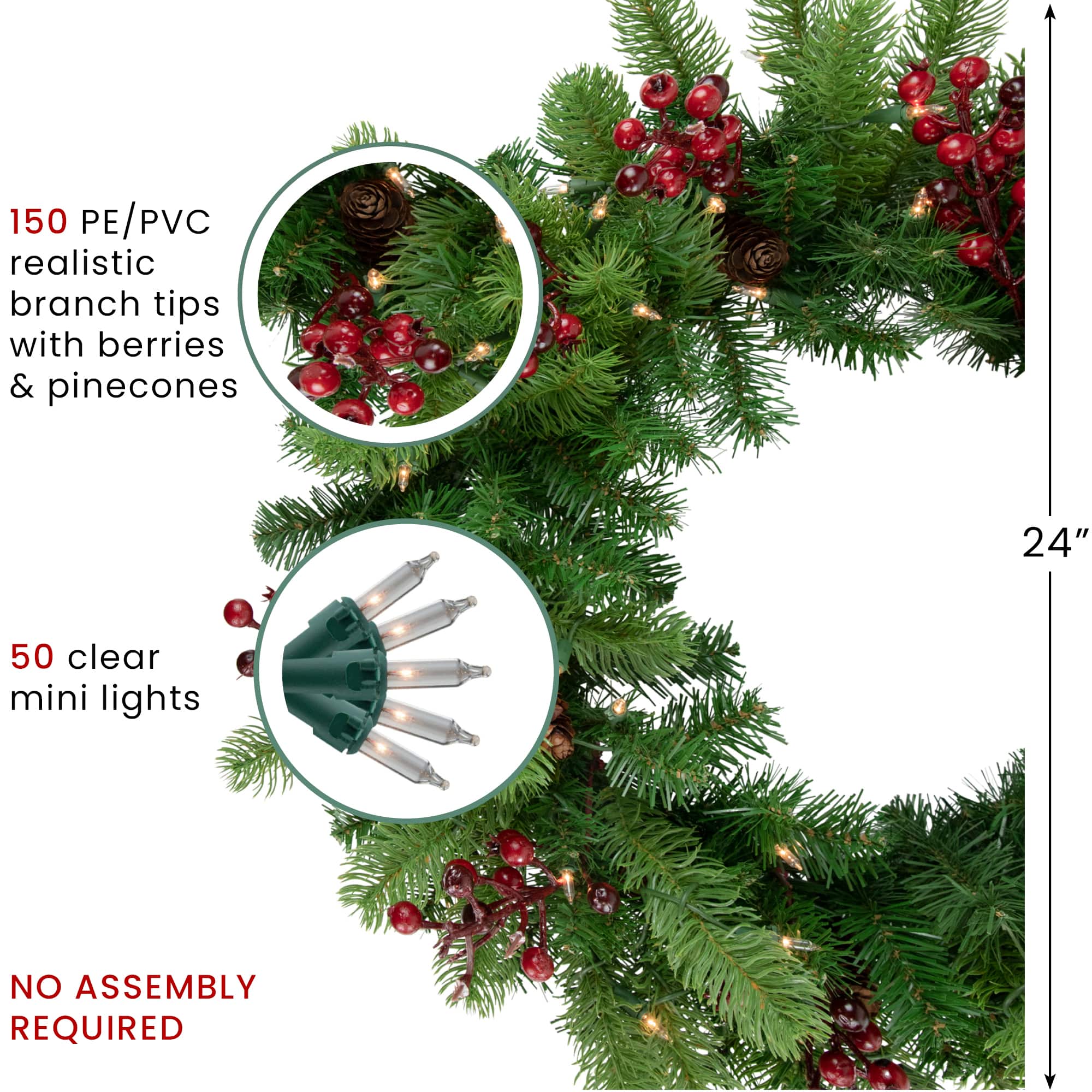 24" Pre-lit Noble Fir with Red Berries & Pinecones Artificial Christmas Wreath